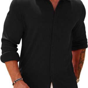 Athletic Fit Dress Shirts for Men Ribbed Knit Textured Button Down Shirts