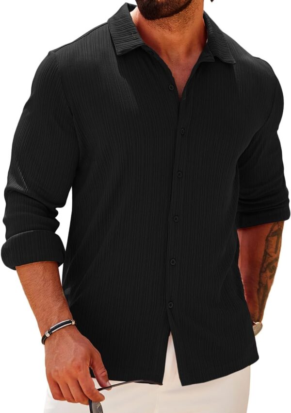 Athletic Fit Dress Shirts for Men Ribbed Knit Textured Button Down Shirts