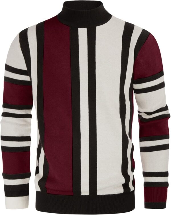 Mens Vintage Sweater Mockneck Striped Pullover Sweater Fashion Jumper Sweater
