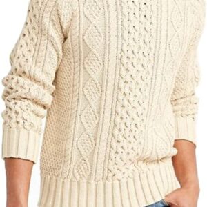 Men's Long Sleeve Cable Knit Pullover Sweater Fisherman Twist Patterned Crewneck Sweater