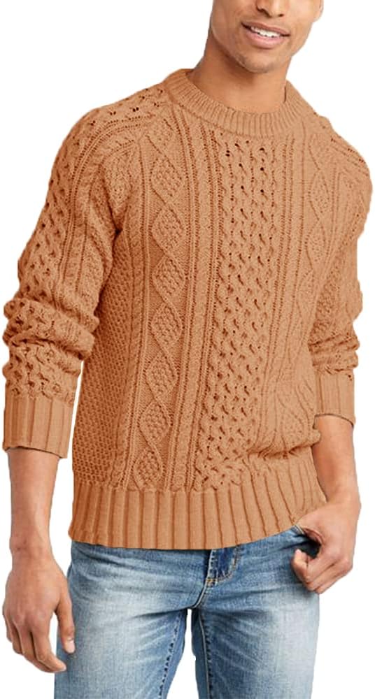 Men's Long Sleeve Cable Knit Pullover Sweater Fisherman Twist Patterned Crewneck Sweater