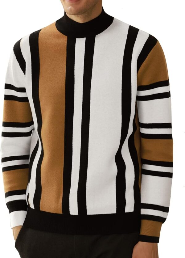 Mens Vintage Sweater Mockneck Striped Pullover Sweater Fashion Jumper Sweater