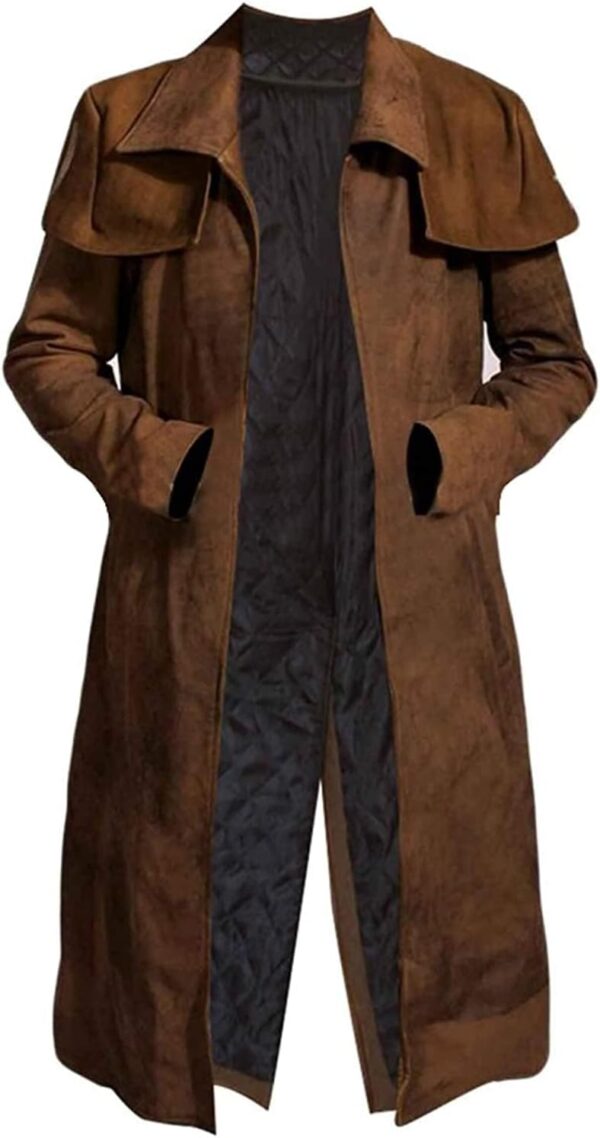Mens Brown Suede Leather Trench Coat - Real Suede Leather  Coat - Western  Cowboy Coat for Men