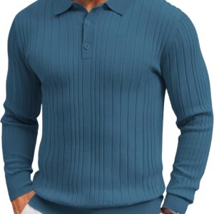 Men's Knit  Shirts Long Sleeve Casual Button Down Ribbed  Shirt Fashion Golf Shirts