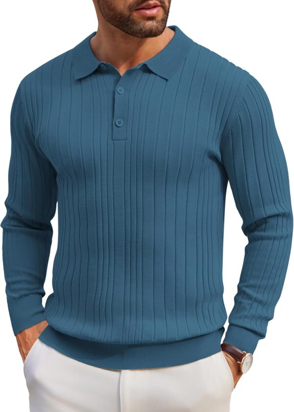 Men's Knit  Shirts Long Sleeve Casual Button Down Ribbed  Shirt Fashion Golf Shirts