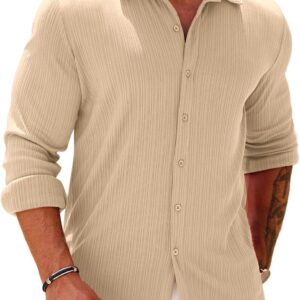 Athletic Fit Dress Shirts for Men Ribbed Knit Textured Button Down Shirts