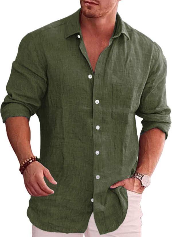 Men's Casual Button Down Shirt Long Sleeve Linen Chambray Shirt