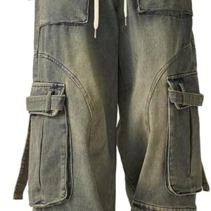 Men's Vintage Washed Cargo Jeans, High Waist, Baggy Wide Leg, Unisex Streetwear with Multiple Pockets