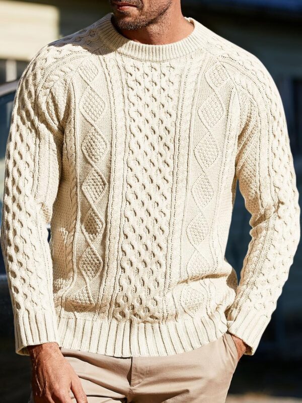 Men's Long Sleeve Cable Knit Pullover Sweater Fisherman Twist Patterned Crewneck Sweater