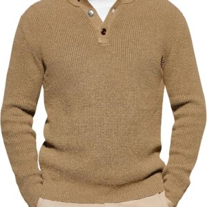 Mens Pullover Sweater Knitted Quarter Button Stand Collar Casual Thermal Henley Sweaters