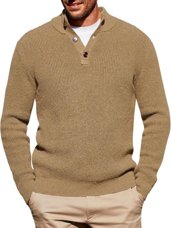 Mens Pullover Sweater Knitted Quarter Button Stand Collar Casual Thermal Henley Sweaters