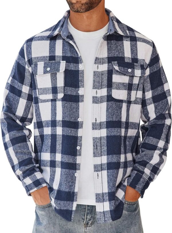 Men's Flannel Shirts Long Sleeve Cotton Plaid Shirt Jacket Casual Button Down Shirt with Pockets